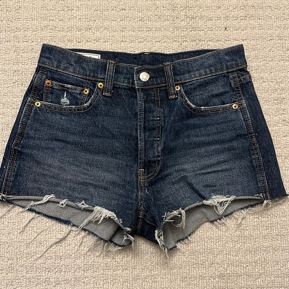 Gap high-rise dark denim mildly distressed shorts